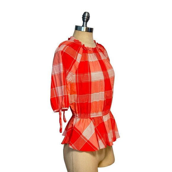 Waverly Grey Women's Orange Plaid Peplum Blouse Size Small - Picture 2 of 6